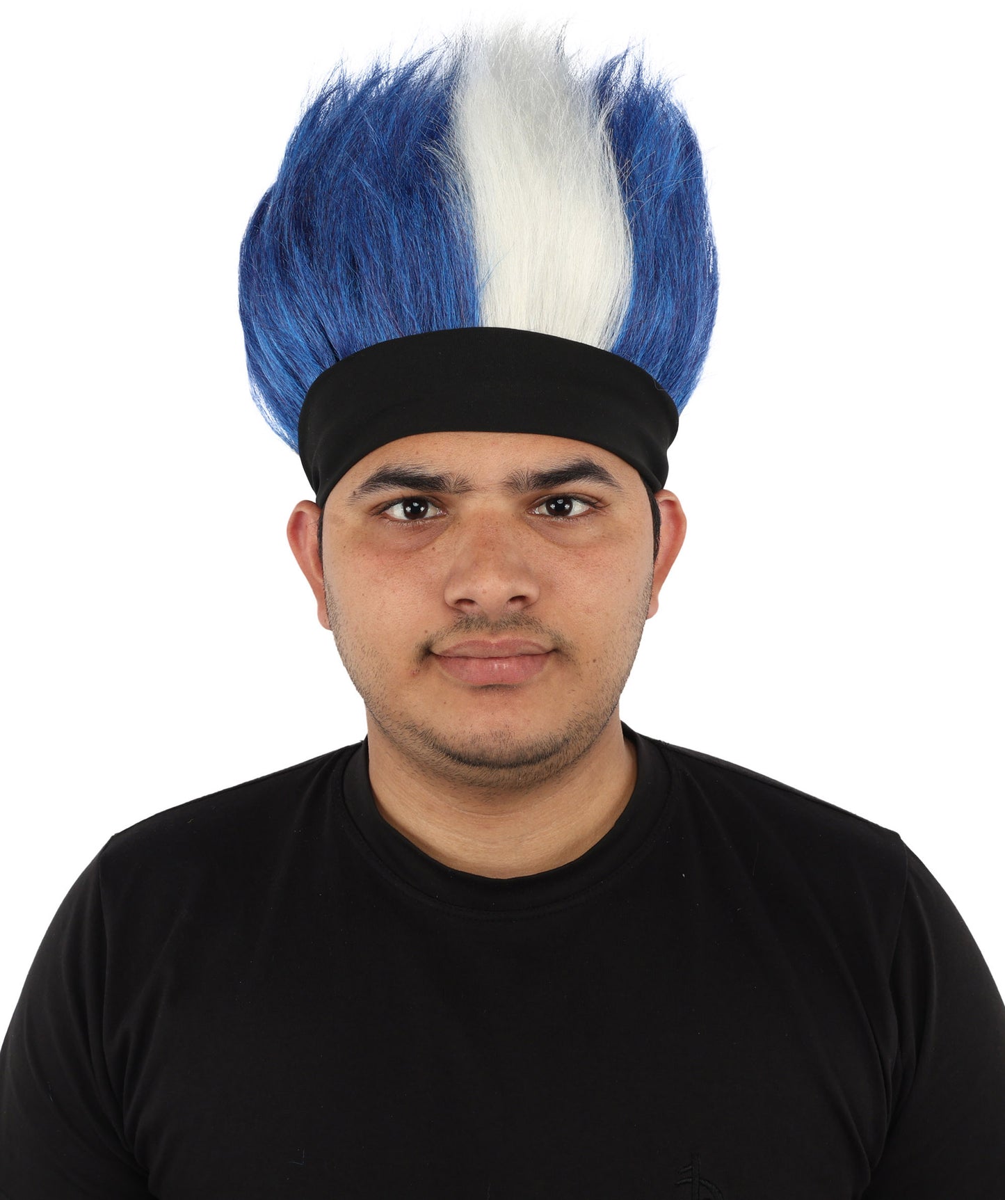 HPO Men's Navy Blue and White Mohawk Wig | Spiky Upright Flame-retardant Synthetic Fiber Headband Design | Halloween Themed Party Football Fan Gear