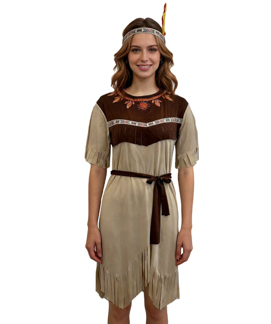 HPO Women's Native-Inspired Costume | Tan and Multicolor jersey construction featuring a fringed dress, belt, and feathered headband | Ideal for party, Halloween, cosplay, theater, drag, performance, costume events