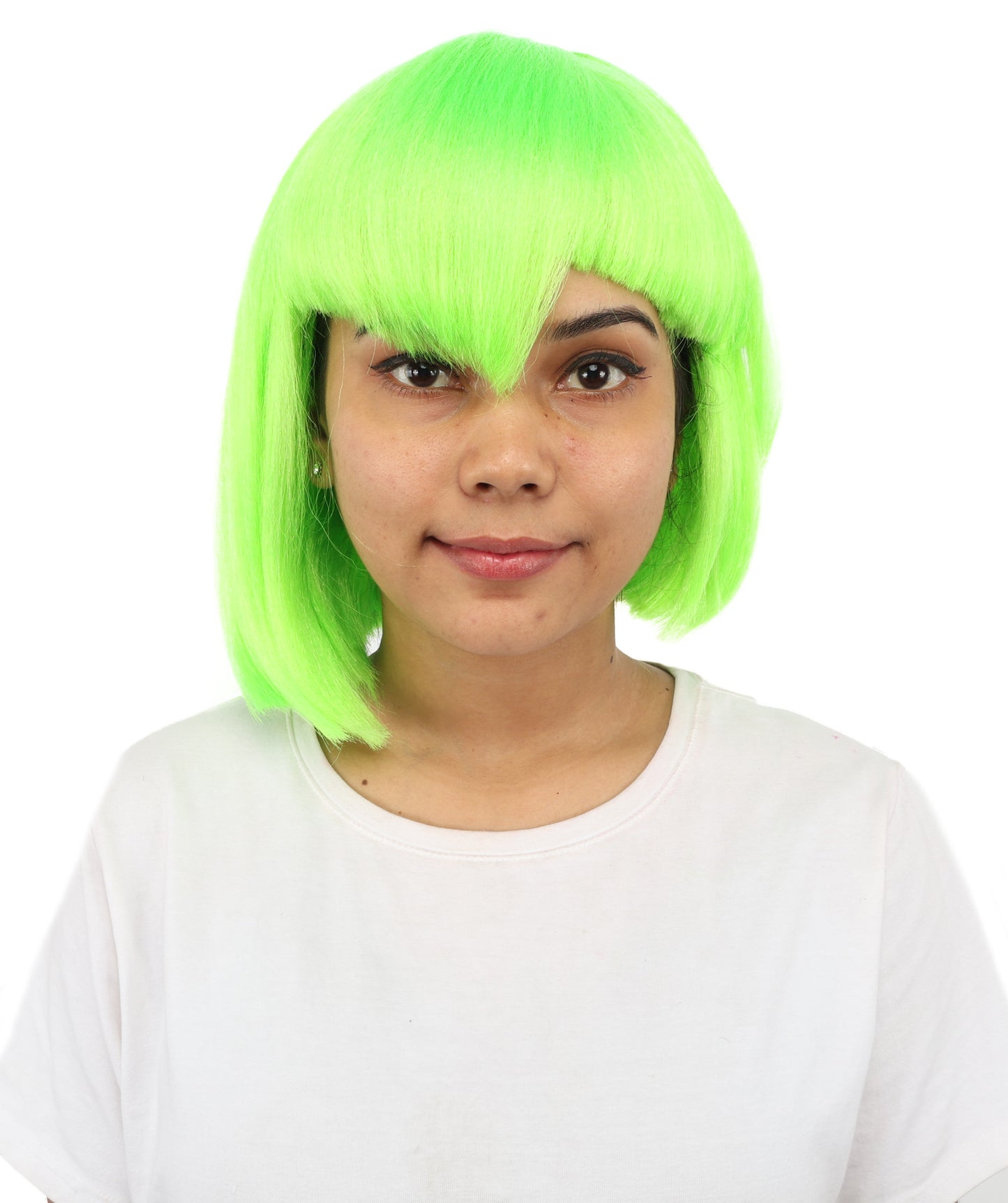HPO Women's Asymmetrical Bangs Bob Neon Green Wig | Create of synthetic fiber, sleek straight volume, breathable capless base | Party, Halloween, theater, drag, performance, costume events