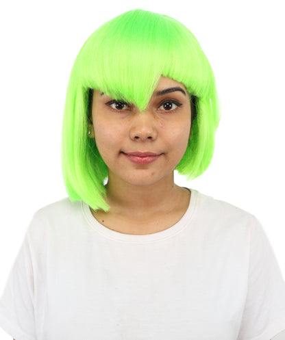 HPO Women's Asymmetrical Bangs Bob Neon Green Wig | Create of synthetic fiber, sleek straight volume, breathable capless base | Party, Halloween, theater, drag, performance, costume events