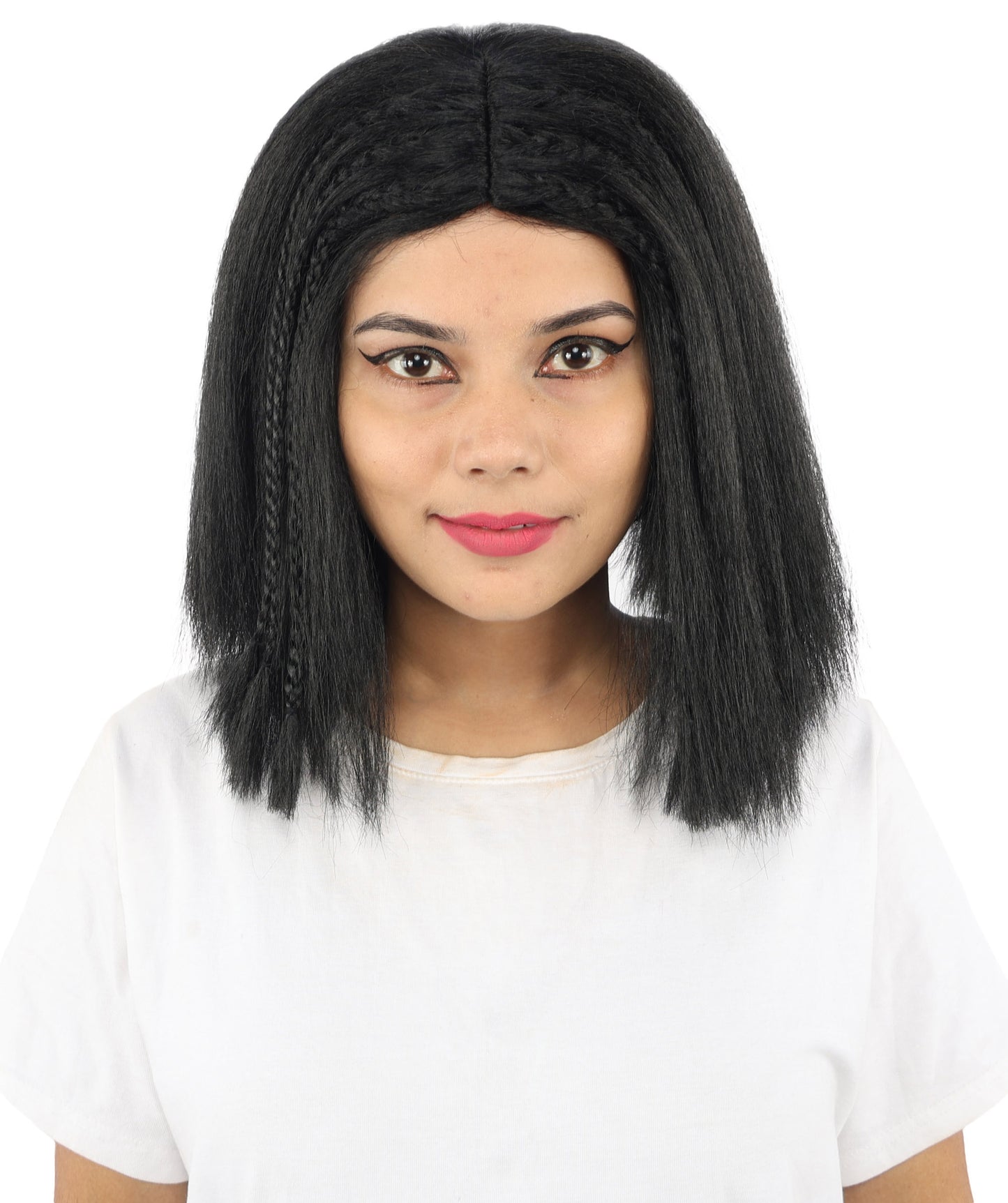 HPO Celebrity-Style 11 Inch Green Rooted Blonde Front Braided Straight Wig | Shoulder-Length Fun, Bold, and Stylish Hairpiece  | Ideal for Halloween, Cosplay, and Themed Parties