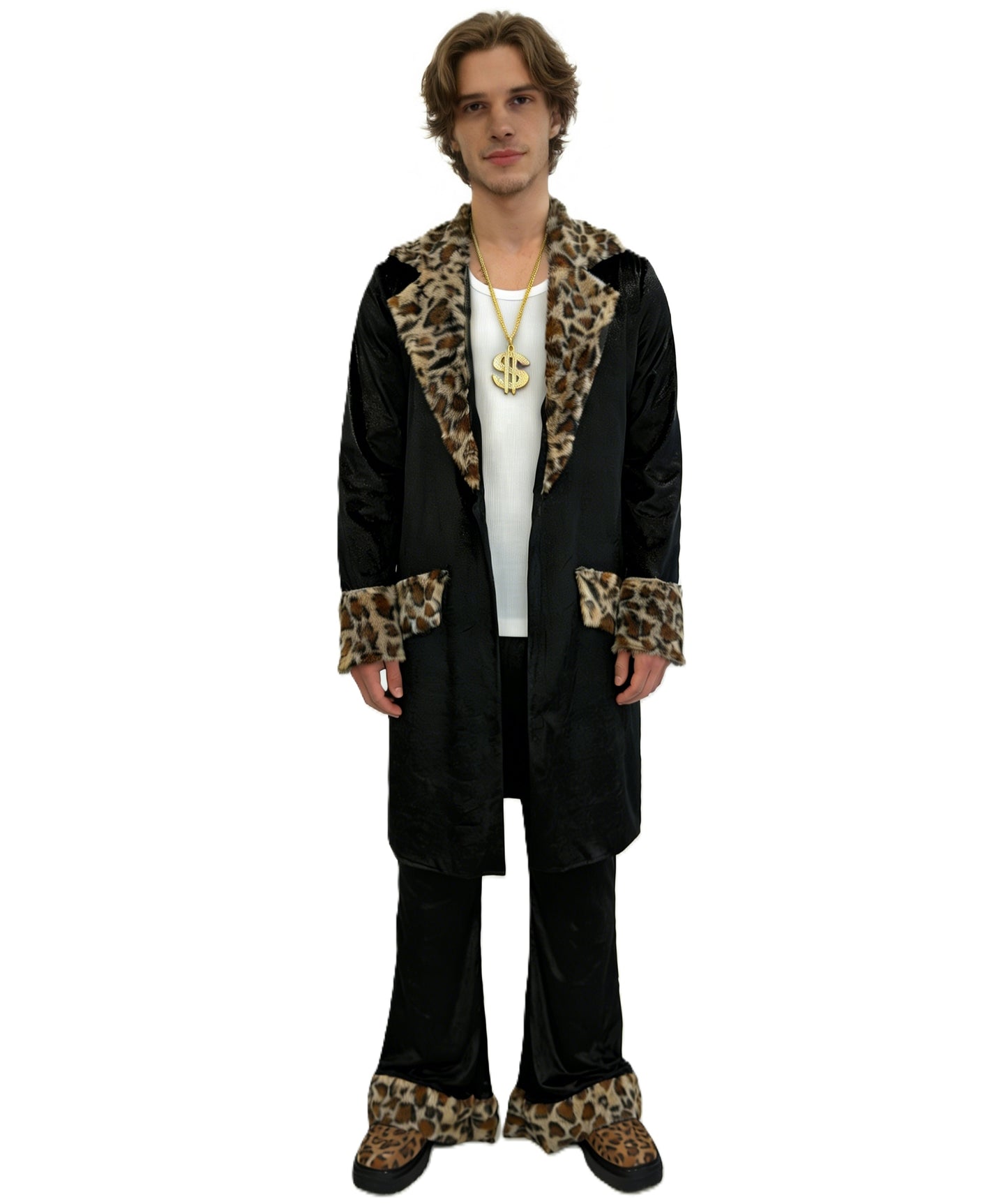 HPO Men's Fur Trim Costume Set | Sleek black construction featuring a long coat and pants with leopard fur trim and matching hat | Ideal for party, Halloween, cosplay, theater, drag, performance, costume events