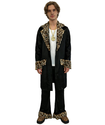 HPO Men's Fur Trim Costume Set | Sleek black construction featuring a long coat and pants with leopard fur trim and matching hat | Ideal for party, Halloween, cosplay, theater, drag, performance, costume events