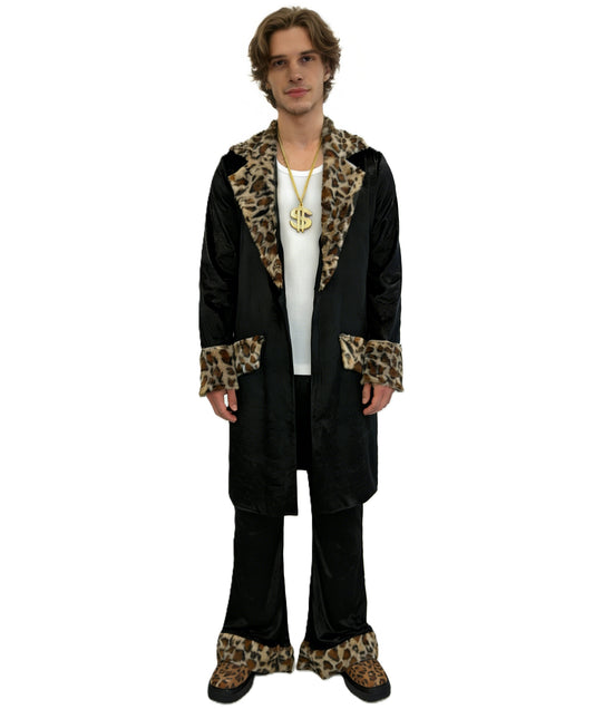 HPO Men's Fur Trim Costume Set | Sleek black construction featuring a long coat and pants with leopard fur trim and matching hat | Ideal for party, Halloween, cosplay, theater, drag, performance, costume events