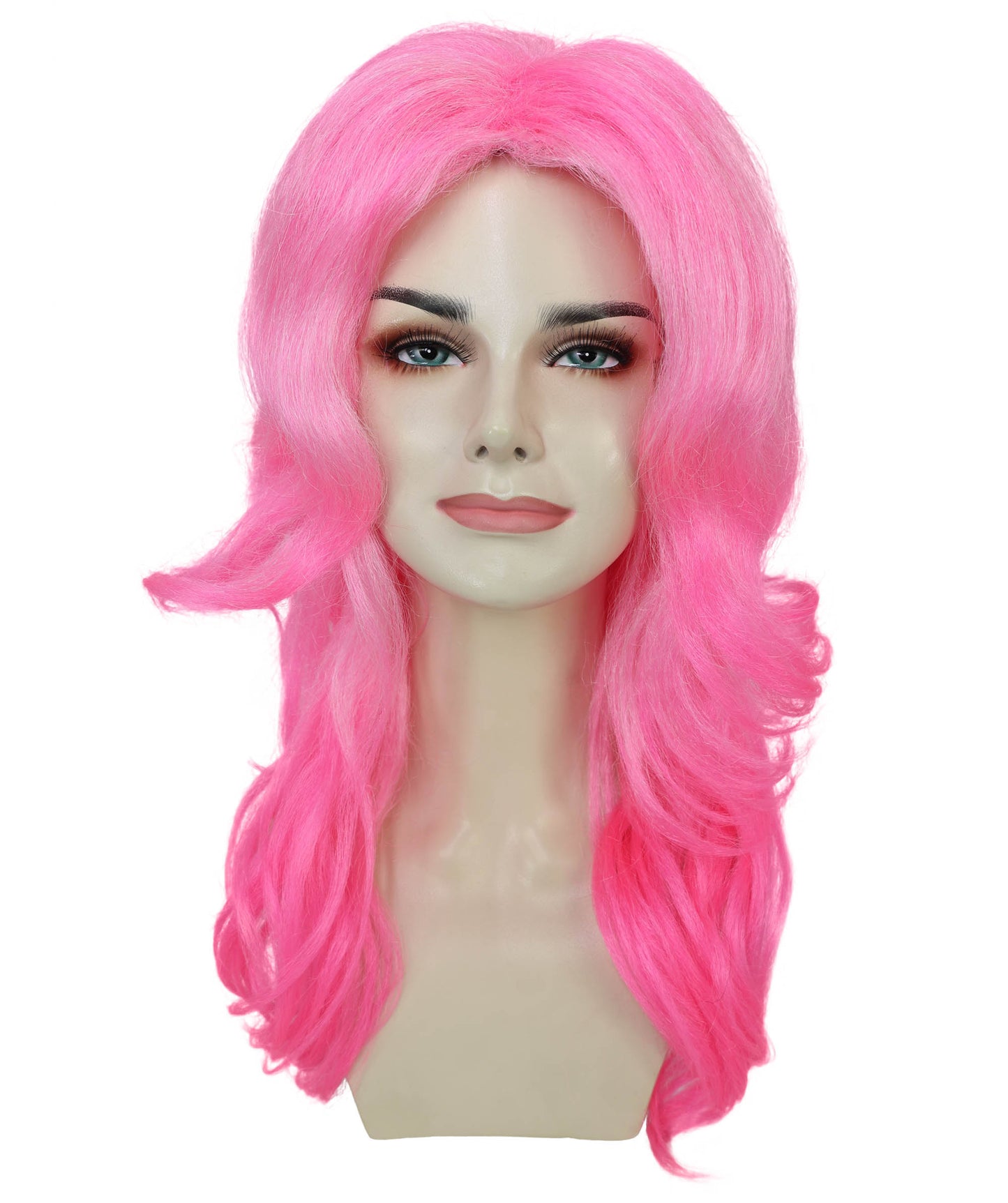 Adult Women’s Vibrant Pink Curly Long Wig | Silk Center-Part Hair Piece for Glam Looks | Flame-Retardant Synthetic Fiber | Ideal for Halloween and themed party