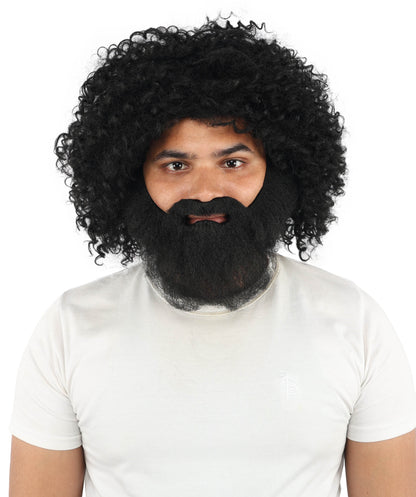 HPO Men's Wild Caveman Orange Wig Beard & Mustache Set | Massive Frizzy Orange Afro and Full Beard Set with Messy Texture | Prehistoric Costume, Viking Cosplay, Halloween, and Funny Party Props