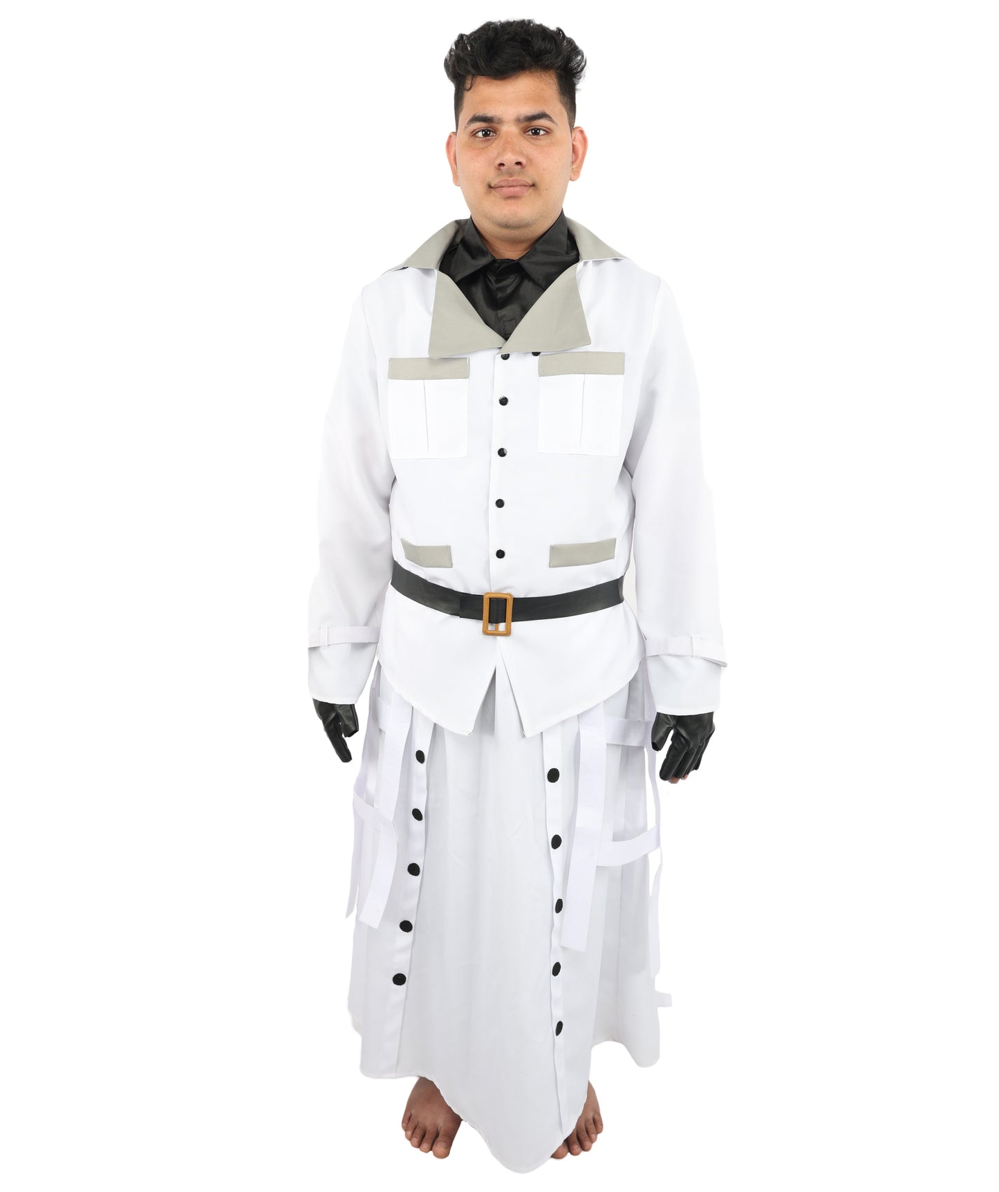 HPO Men's Sci-Fi Executive Officer Costume | White Trench Coat Uniform with Layered Black Scarf and Belts | Ideal for Halloween, Theater, Drag, and Gaming Events