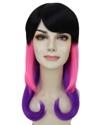 HPO Adult Unisex Tri Color Fruit Punch Wig | Vibrant Black Pink Violet Flame Mix | Synthetic Flame-Retardant Hair | Capless Cap | Halloween Festival Wig