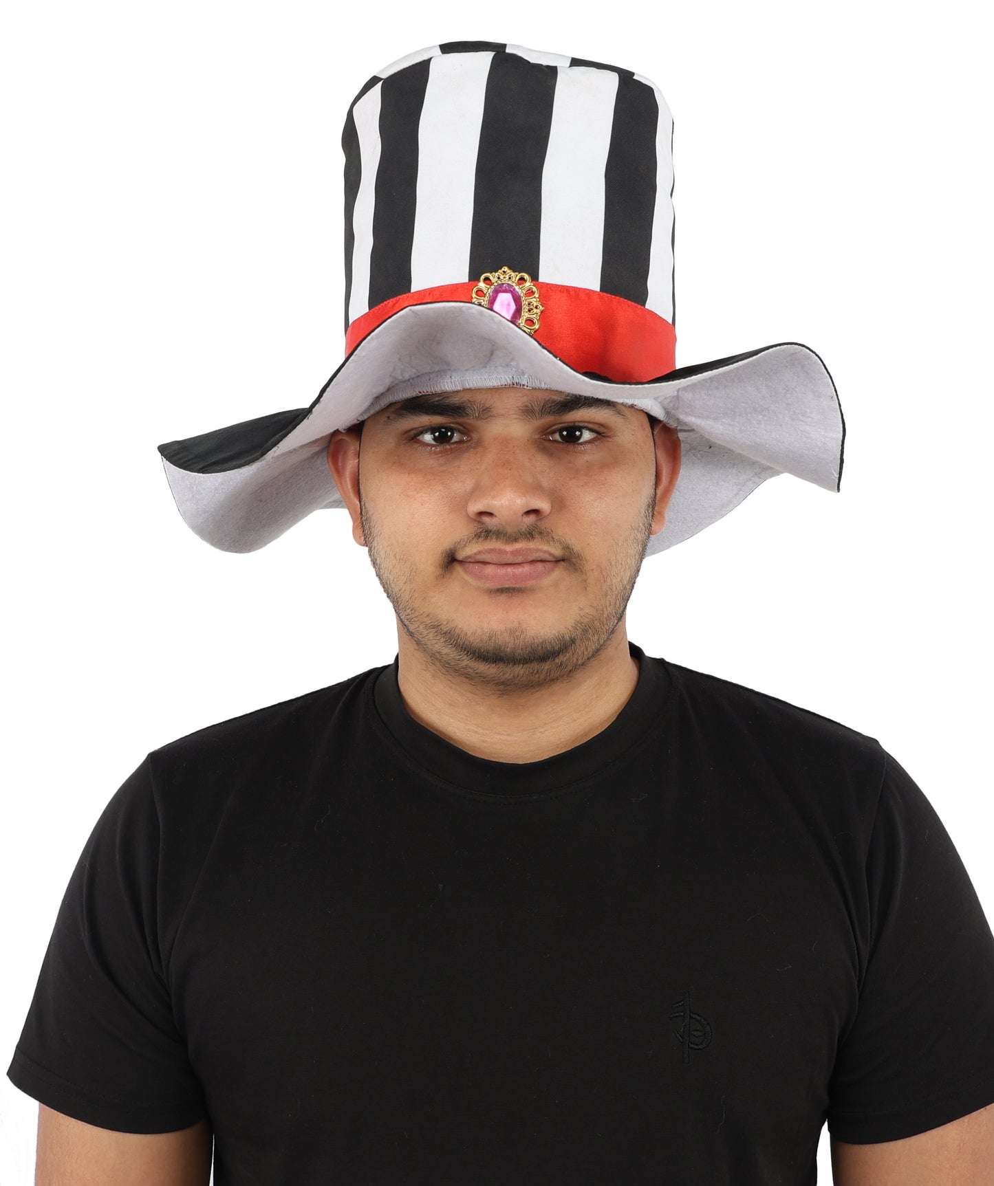 HPO Men's Striped Circus Mini Hat | Black and White Pattern with Red Ribbon and Gothic Cameo | Ideal for Halloween, Theater, Drag, and Carnival Performance Events