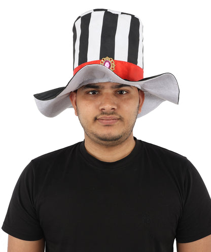 HPO Men's Striped Circus Mini Hat | Black and White Pattern with Red Ribbon and Gothic Cameo | Ideal for Halloween, Theater, Drag, and Carnival Performance Events