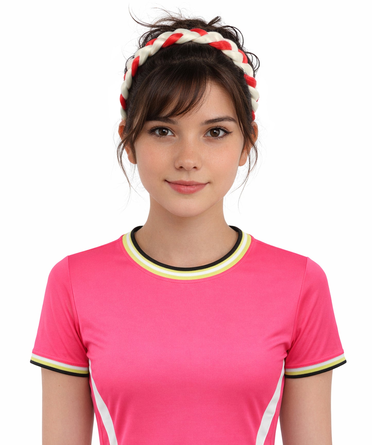 HPO Women's International Braided Headband | Textured red and white synthetic fibers woven into a twisted headband with an elastic back | Ideal for party, Halloween, cosplay, theater, drag, performance, costume events