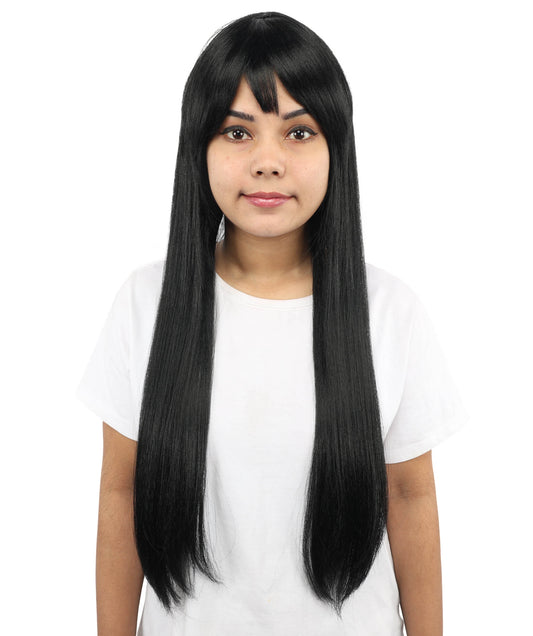 HPO Women's Sleek Straight Wig | 27 Inch Black Texture Face Framing Bangs Heat Friendly Fiber | Party Halloween Cosplay Theater Drag Performance Costume Events