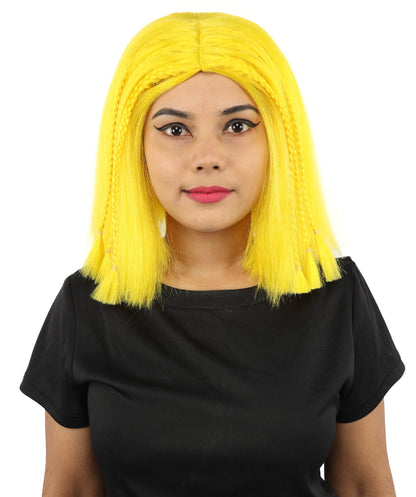 HPO Celebrity-Style 11 Inch Green Rooted Blonde Front Braided Straight Wig | Shoulder-Length Fun, Bold, and Stylish Hairpiece  | Ideal for Halloween, Cosplay, and Themed Parties