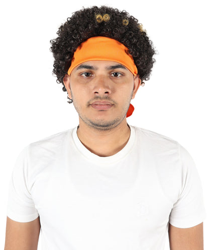 HPO Men's Brown & Golden Curly Afro Wig | 11” Synthetic Hair with Headband | Flame-Resistant Capless Cap Wig