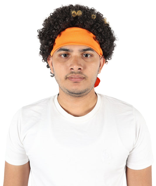 HPO Men's Brown & Golden Curly Afro Wig | 11” Synthetic Hair with Headband | Flame-Resistant Capless Cap Wig