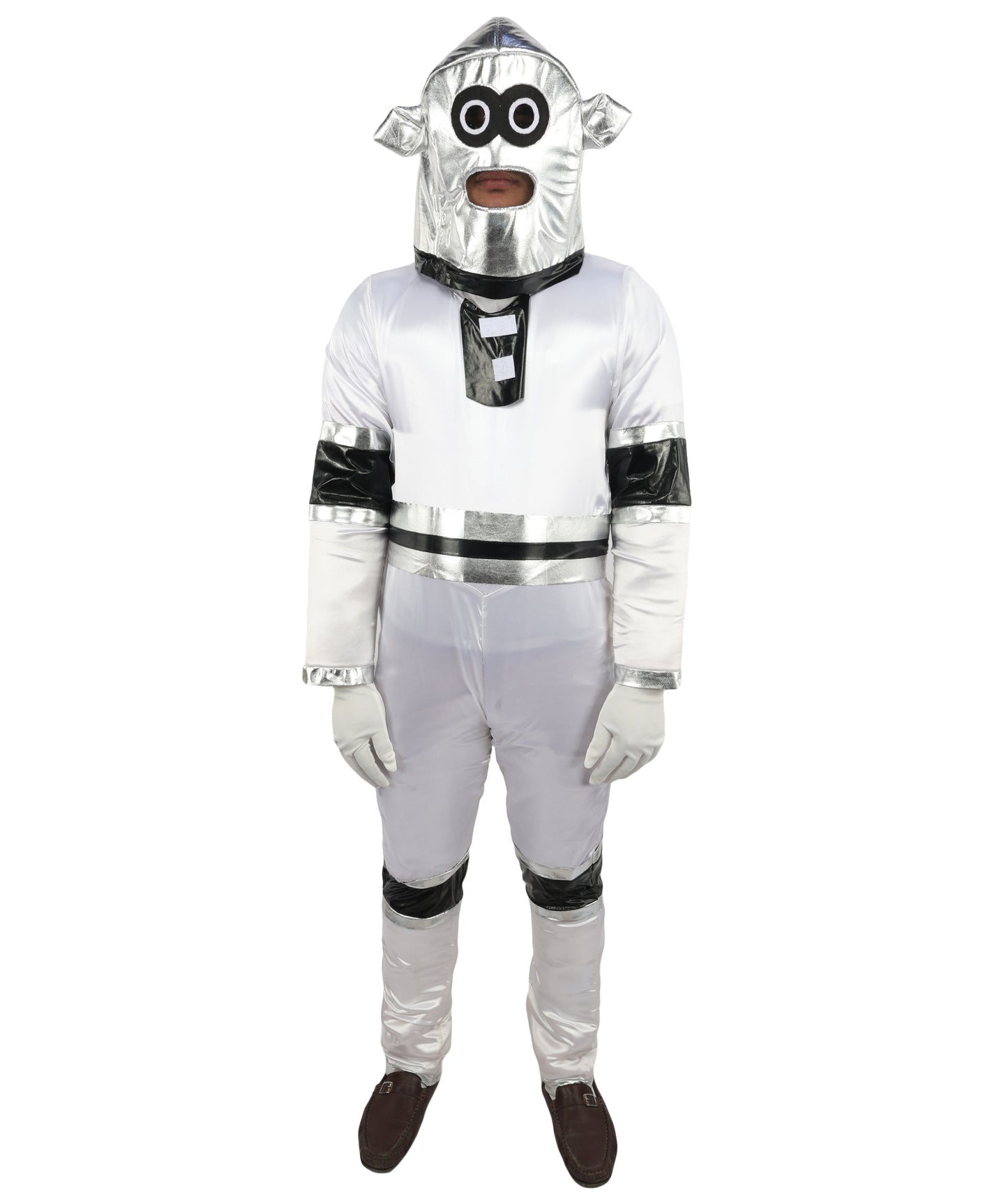 HPO Men's Metallic Silver & Black Android Bodysuit | Shiny PVC and Satin Finish with Full Head Cap and Matching Hand Gloves | Ideal for Cosplay, Halloween, Drag, and Futuristic Theater Performances