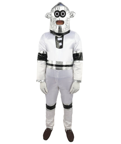 HPO Men's Metallic Silver & Black Android Bodysuit | Shiny PVC and Satin Finish with Full Head Cap and Matching Hand Gloves | Ideal for Cosplay, Halloween, Drag, and Futuristic Theater Performances