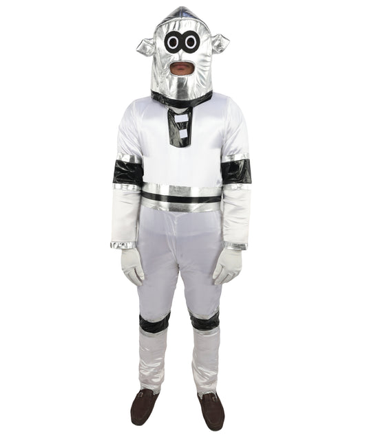 HPO Men's Metallic Silver & Black Android Bodysuit | Shiny PVC and Satin Finish with Full Head Cap and Matching Hand Gloves | Ideal for Cosplay, Halloween, Drag, and Futuristic Theater Performances