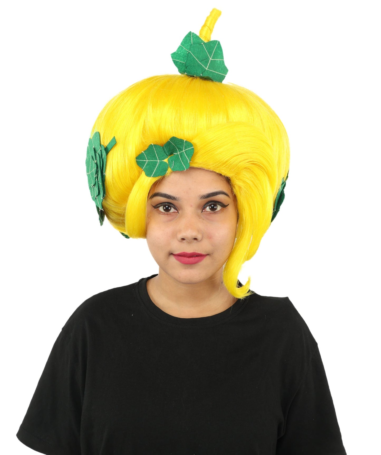 HPO Adult Women's Sculpted Pumpkin Show Wig | Multiple Color Options | Create of synthetic fiber, massive spherical updo with green leaf accents, breathable base | Halloween, theater, drag, performance, party, costume events