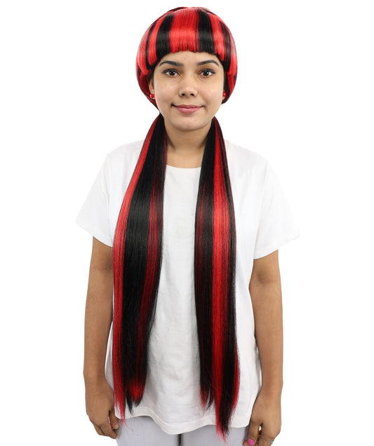 HPO Women's Gothic Harlequin Extra Long Wig | Heat Resistant Fiber Featuring Bold Crimson and Onyx Stripes with Curved Ends | Halloween Costume Events and Performance Art