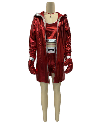 HPO Women's Golden Gloves Costume | Satin Finish Hooded Robe Crop Top Performance Shorts Padded Combat Mits | Halloween Cosplay Theater Drag Performance Costume Events