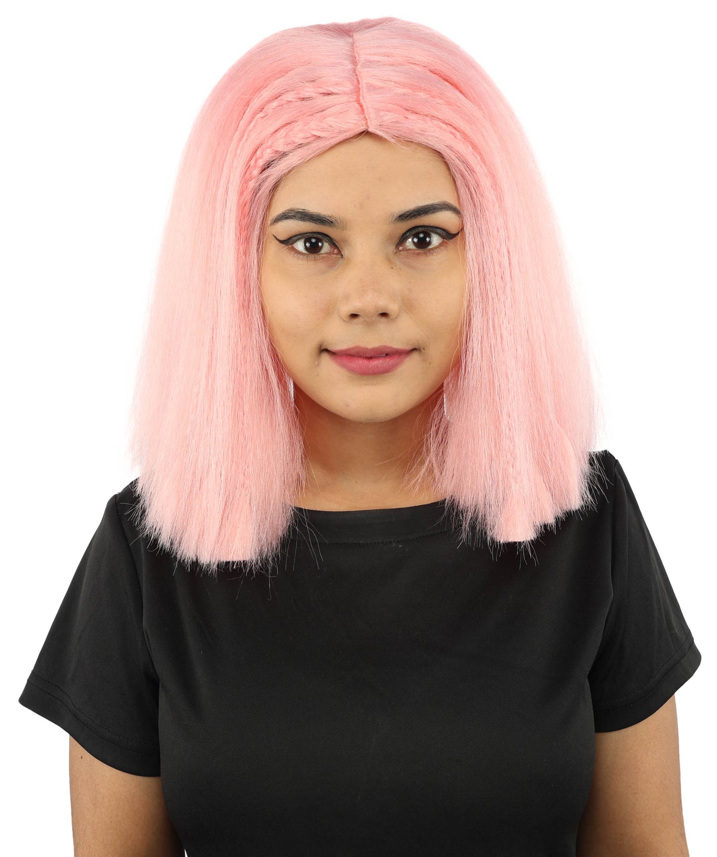 HPO Celebrity-Style 11 Inch Green Rooted Blonde Front Braided Straight Wig | Shoulder-Length Fun, Bold, and Stylish Hairpiece  | Ideal for Halloween, Cosplay, and Themed Parties