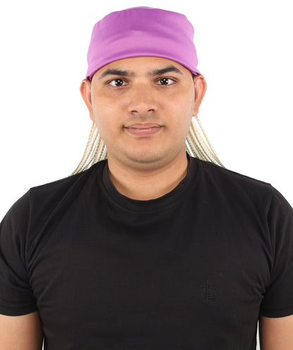 Men’s Movie Character Inspired Black Braided Wig with Purple Head Wrap Hat | Flame-retardant Synthetic Fiber | Ideal Hairpiece for Cosplay & Halloween