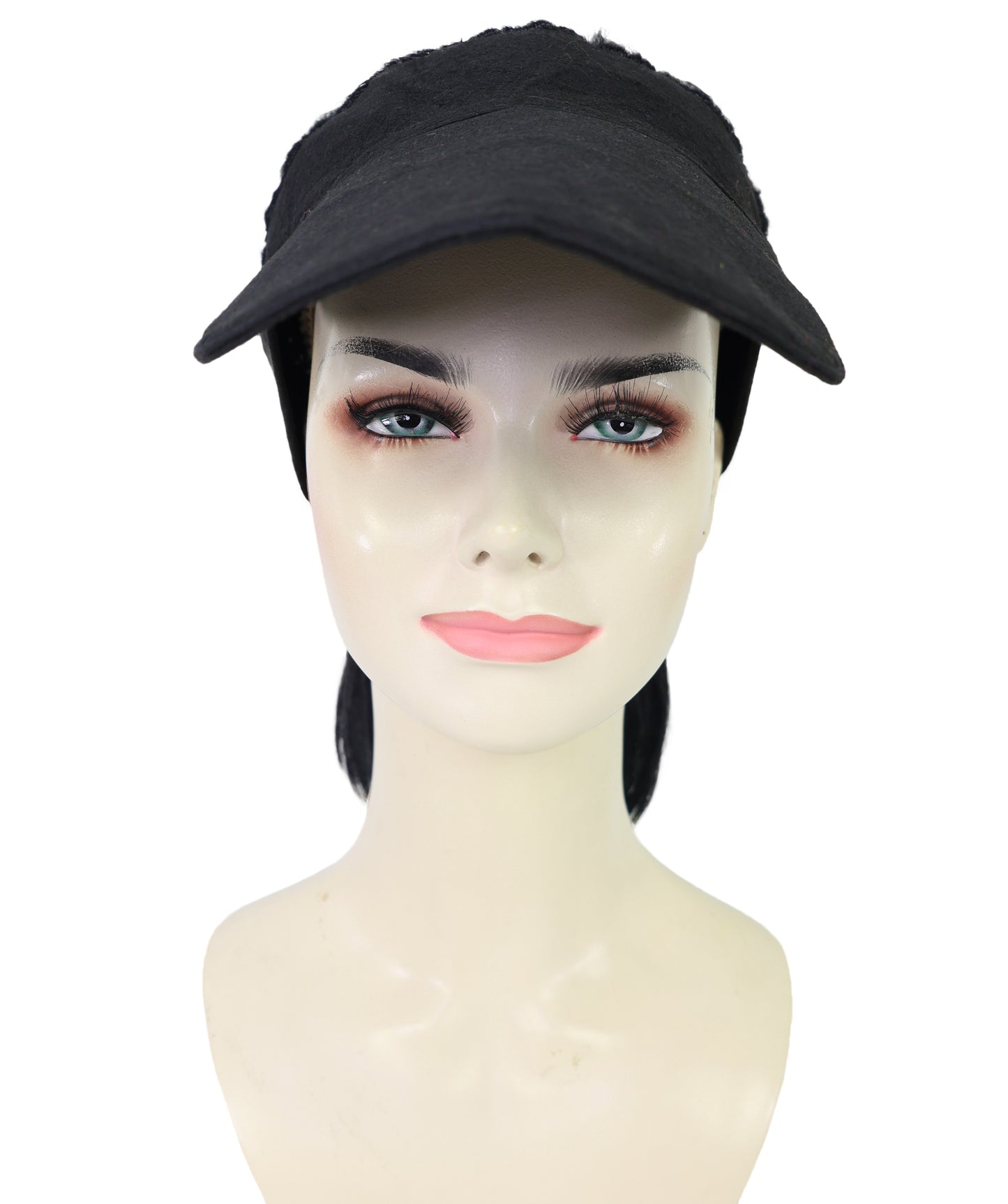 HPO Adult Women’s 16-Inch Synthetic Kinky Straight Ponytail Wig with Hat | Natural Black Fluffy Hair with Adjustable Straps | Ideal for Halloween | Breathable Capless Cap
