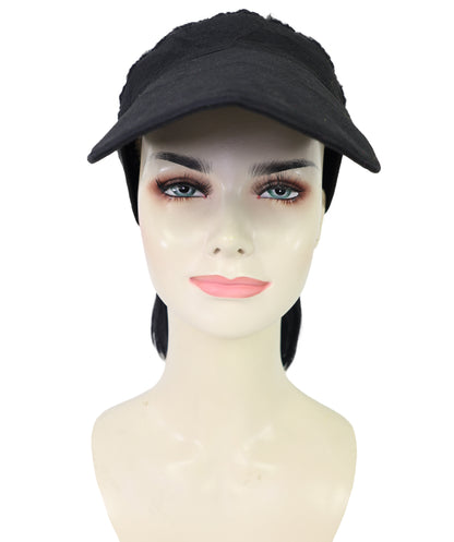 HPO Adult Women’s 16-Inch Synthetic Kinky Straight Ponytail Wig with Hat | Natural Black Fluffy Hair with Adjustable Straps | Ideal for Halloween | Breathable Capless Cap