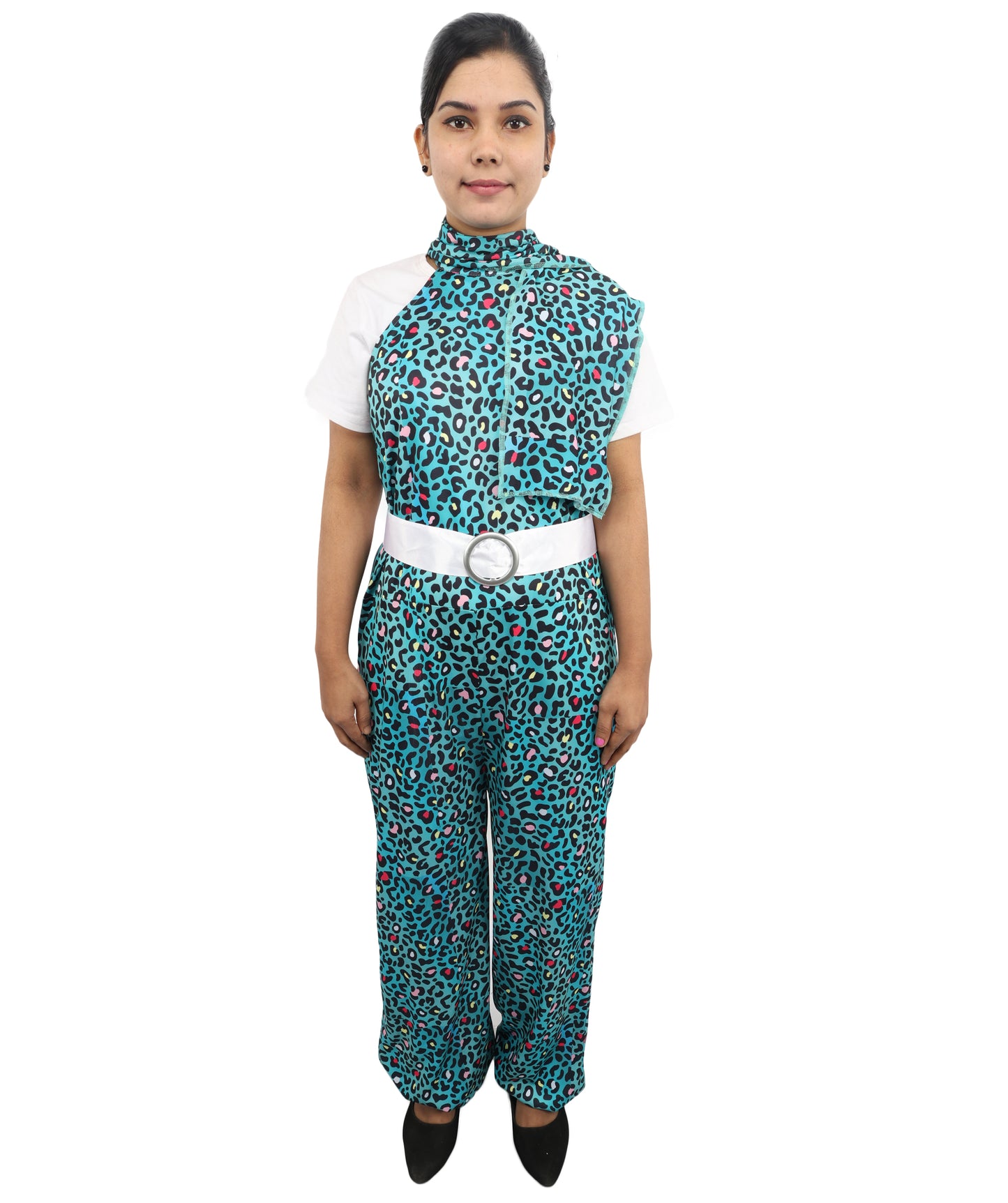 HPO Women's Vintage Disco Dancer Costume | Sleek Patterned Jersey Construction with Satin Accent Belt and Neck Muffler | Ideal for Halloween, Theater, Drag, and 1970s Performance Events