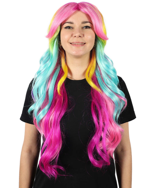 HPO Women's Rainbow Ombre Wig Long Wavy with Bangs | Colorful Wavy Hairpiece for Women | Cosplay,Party,Stage Performances & Daily Wear