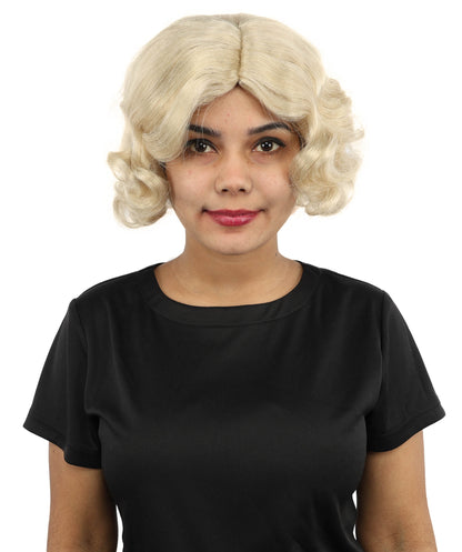 HPO Women’s Medium Length Blonde Curly Retro Wig – 11 Inch Retro Vintage Style Wig with Waves | Inspired by Timeless Music Star Look for Halloween and Cosplay