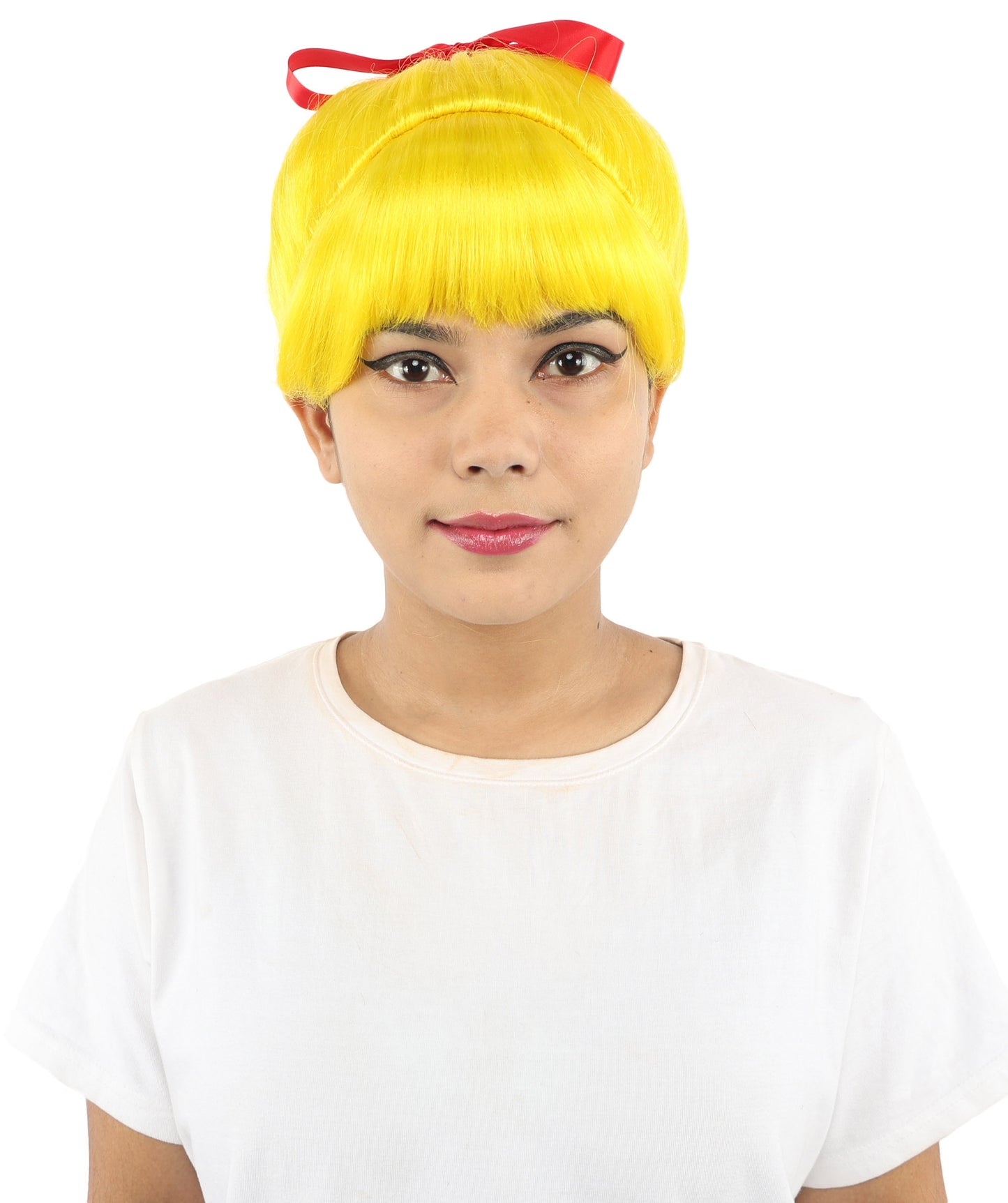 HPO Women's Spiral Ponytail Wig | Multicolor Options | High Updo with Red Ribbon Bow & Bangs, Heat Friendly Synthetic Fiber & Breathable Cap | Halloween, Christmas Event, Themed Party, Theater & Roleplay
