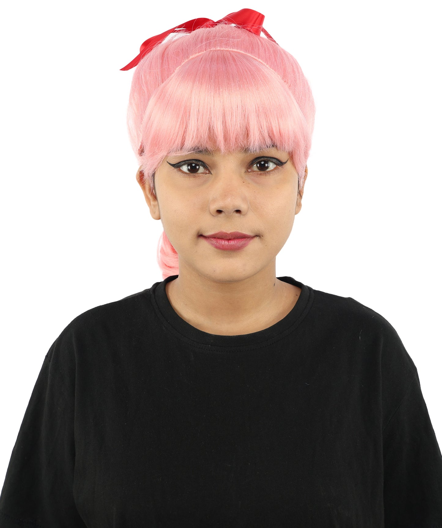 HPO Women's Spiral Ponytail Wig | Multicolor Options | High Updo with Red Ribbon Bow & Bangs, Heat Friendly Synthetic Fiber & Breathable Cap | Halloween, Christmas Event, Themed Party, Theater & Roleplay