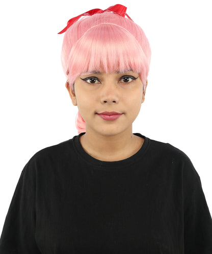 HPO Women's Spiral Ponytail Wig | Multicolor Options | High Updo with Red Ribbon Bow & Bangs, Heat Friendly Synthetic Fiber & Breathable Cap | Halloween, Christmas Event, Themed Party, Theater & Roleplay