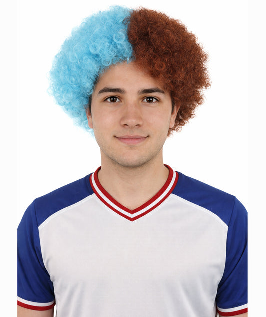HPO Split Tone Curly Wig | Wine and Sky Blue Kinky Texture Flame-retardant Synthetic Fiber | Halloween Themed Party Sports Rally Fan Prop