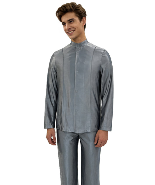 HPO Men's Sci-Fi Alien Costume | Shiny grey plain fabric construction featuring a long-sleeve top and matching pants | Ideal for party, Halloween, cosplay, theater, drag, performance, costume events