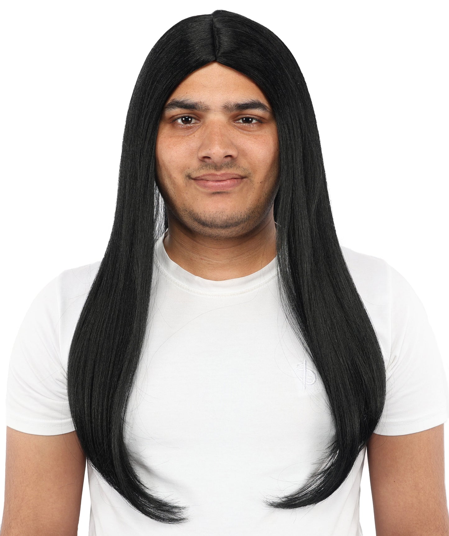 HPO Men’s Middle Part Black Straight Wig | High Heat-Resistant Synthetic Hair | Sleek Rock Star Style for Cosplay, Stage & Halloween