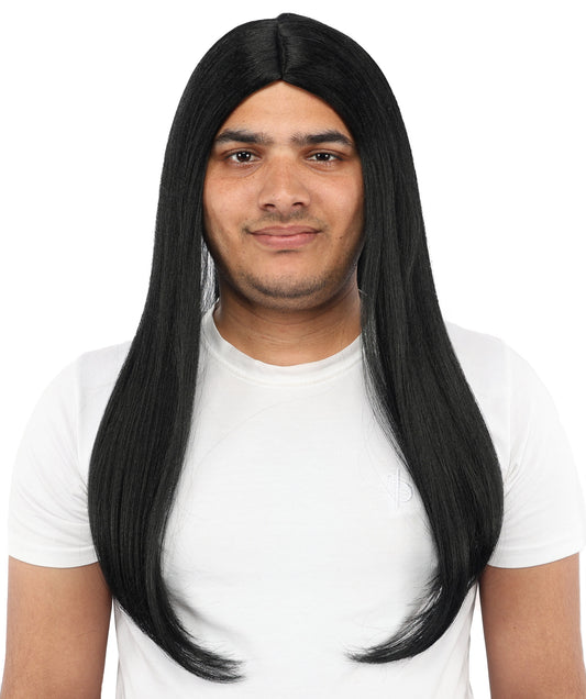 HPO Men’s Middle Part Black Straight Wig | High Heat-Resistant Synthetic Hair | Sleek Rock Star Style for Cosplay, Stage & Halloween