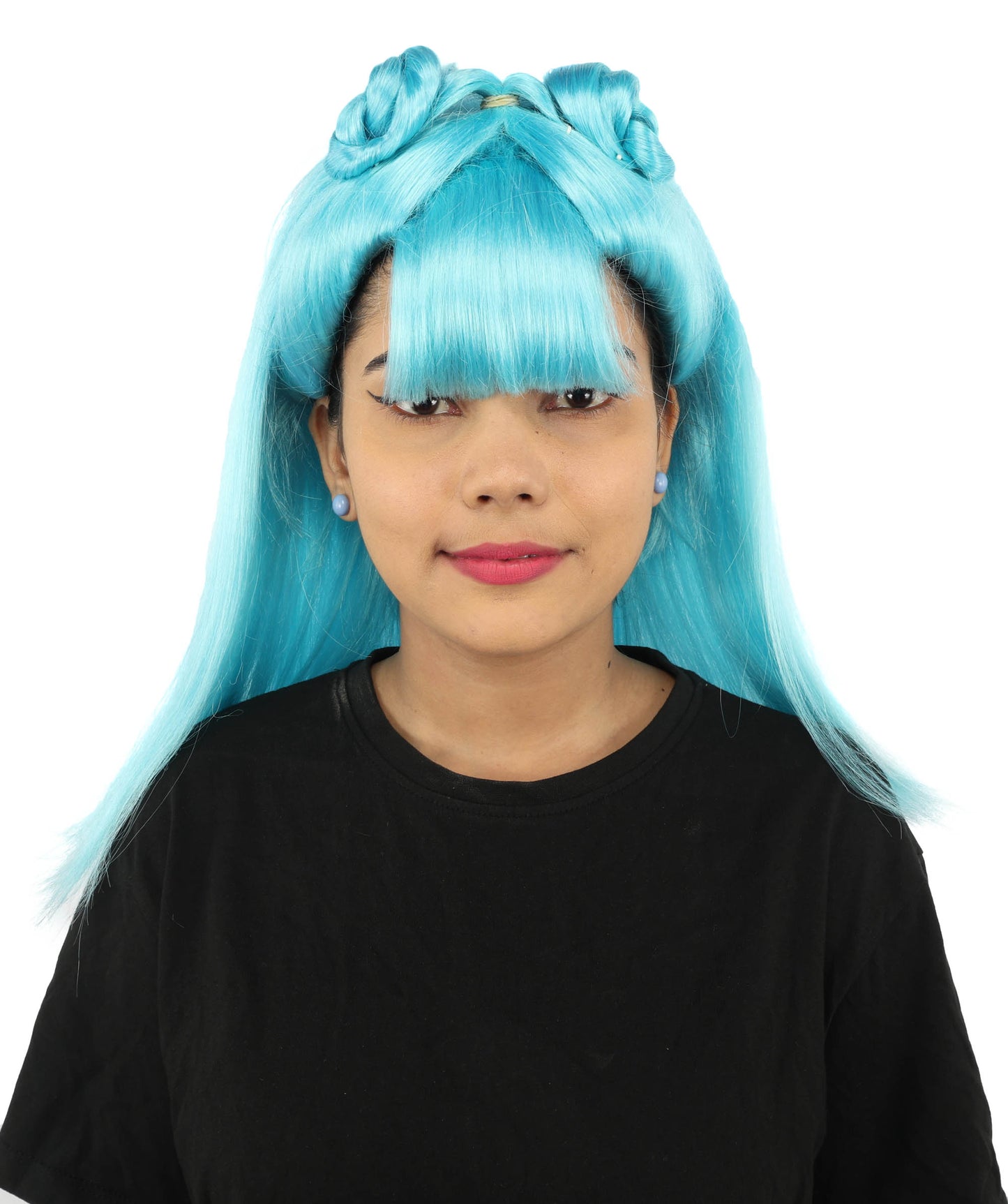 HPO Women's Brown & Pink Half Updo Bangs Wig | Create of synthetic fiber, blunt fringe with top bow, breathable base | Party, Halloween, theater, drag, performance, costume events