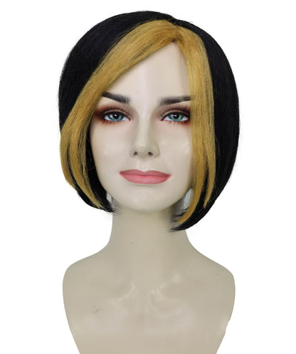 HPO Women's Shimmering Short Black Wig with Golden Highlights | Glam Supervillain-Inspired Hairpiece | For Cosplay, Halloween, Stage & Themed Events