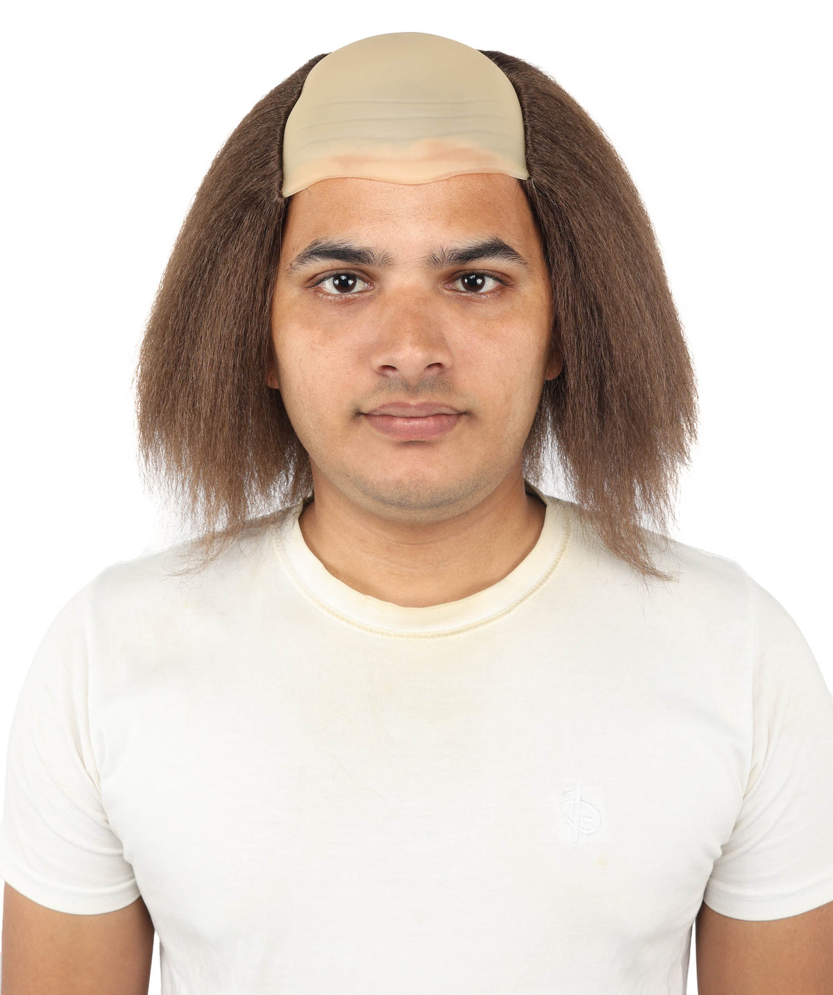 HPO Half Bald Cap Brown Wig with Gray Frizzy Side Hair – Comedic Old Age Costume Wigs - Hairpiece for Cosplay Party