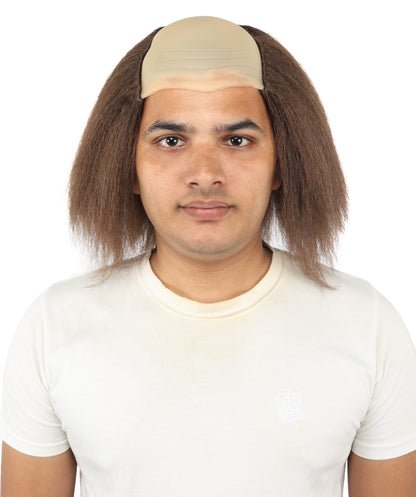 HPO Half Bald Cap Brown Wig with Gray Frizzy Side Hair – Comedic Old Age Costume Wigs - Hairpiece for Cosplay Party