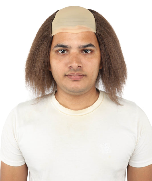HPO Half Bald Cap Brown Wig with Gray Frizzy Side Hair – Comedic Old Age Costume Wigs - Hairpiece for Cosplay Party