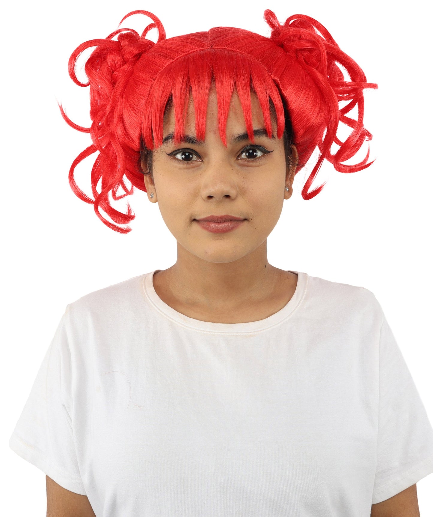 HPO Adult Women’s Messy Twin Bun Wig with Graphic Bangs | Multiple Color Options | Edgy Wig for Cosplay, Fashion Events, Halloween & Stage Wear | Adjustable Cap, Lightweight Synthetic Fiber