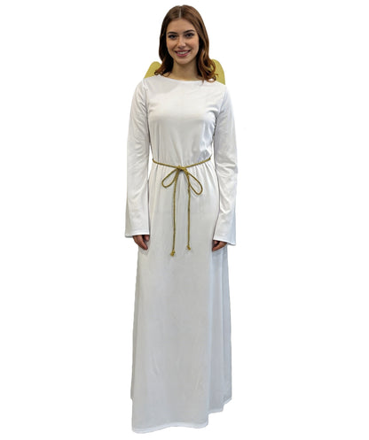 HPO Women's Angel Costume Set | Flowing white jersey construction featuring a long dress and golden wings | Ideal for party, Halloween, cosplay, theater, drag, performance, costume events