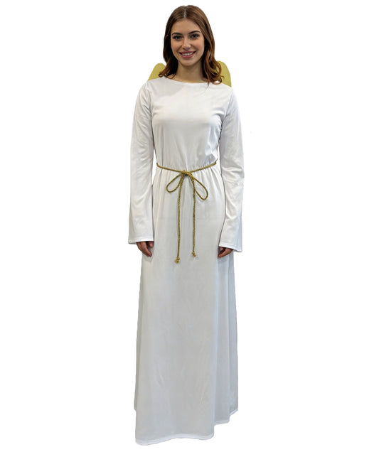 HPO Women's Angel Costume Set | Flowing white jersey construction featuring a long dress and golden wings | Ideal for party, Halloween, cosplay, theater, drag, performance, costume events