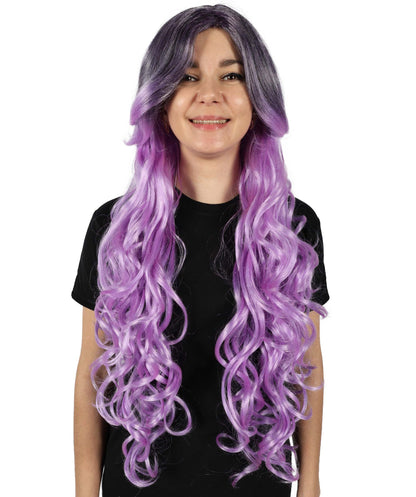 HPO Adult Women's Extra Long Curly Black & Purple Glamour Gothic Wig | Halloween and Cosplay Wig | Flame-retardant Synthetic Fiber |
