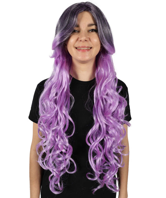 HPO Adult Women's Extra Long Curly Black & Purple Glamour Gothic Wig | Halloween and Cosplay Wig | Flame-retardant Synthetic Fiber |