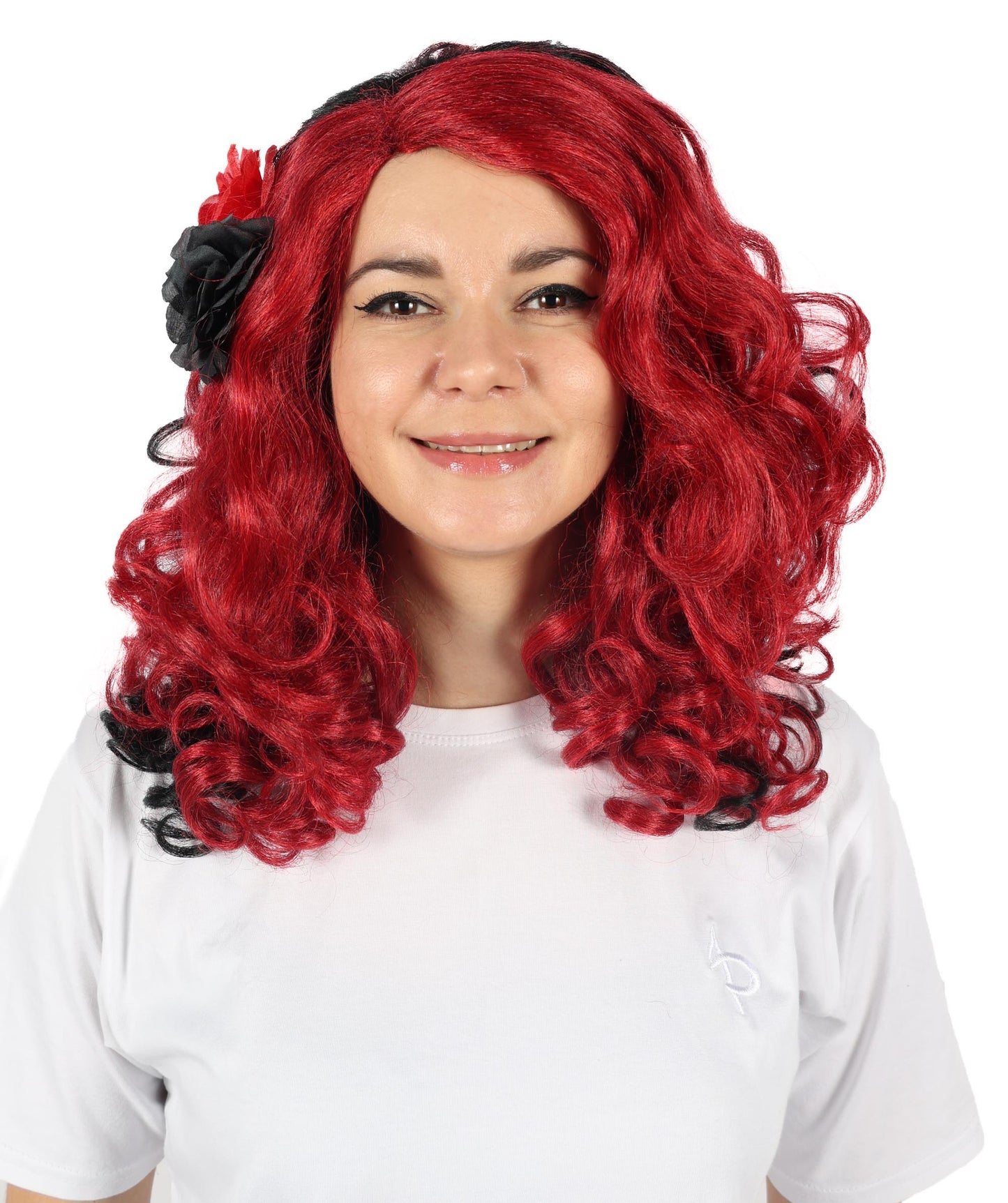 HPO Women’s Day of the Dead 17-Inch Black and Red Curly Wig with Flower | Halloween & Cosplay Wig | Flame-retardant Synthetic Fiber